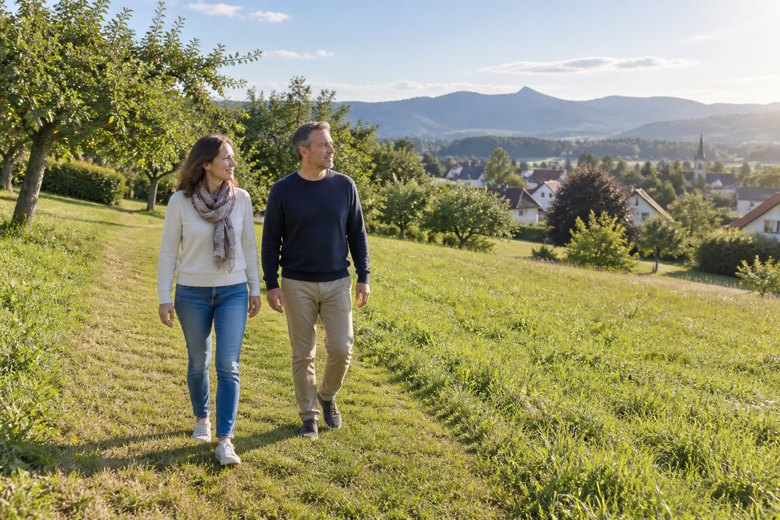 Frau und Mann gehen über eine Wiese mit Blick auf einen österreichischen Ort